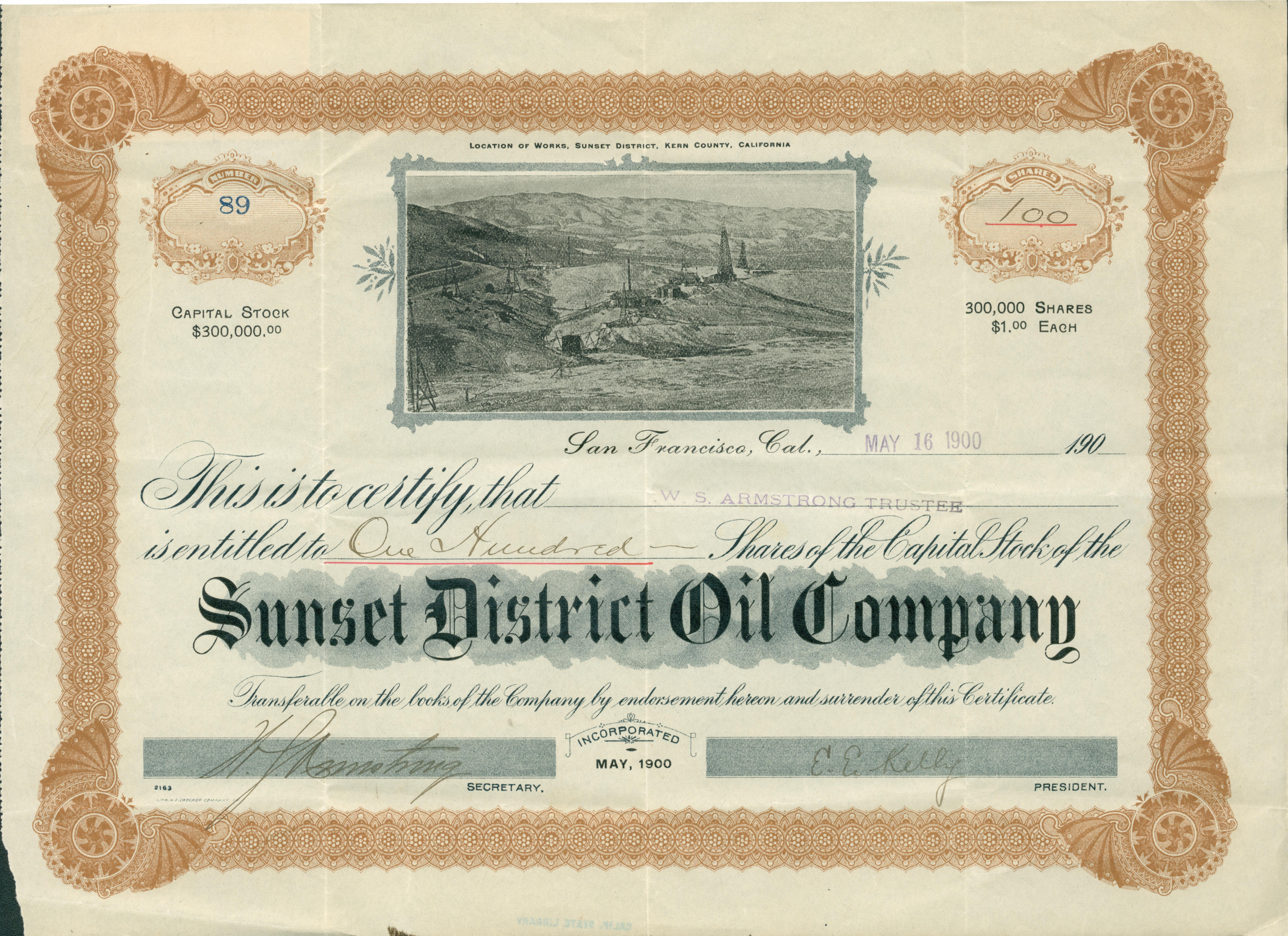 Certificate, No. 89, for 100 Shares, signed by W. S. Armstrong. H. S. Crocker, Lithographer, San Francisco.